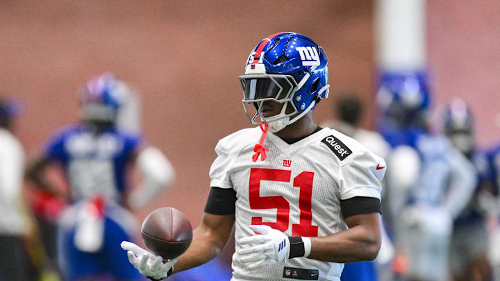 Jun 17, 2025; East Rutherford, NJ, USA; New York Giants linebacker Abdul Carter (51) participates in a drill.