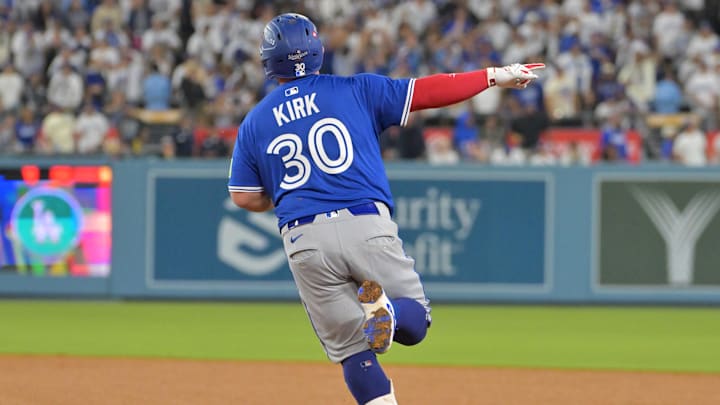 Oct 27, 2025; Los Angeles, California, USA; Toronto Blue Jays catcher Alejandro Kirk (30) runs after hitting a three run home run against the Los Angeles Dodgers in the fourth inning during game three of the 2025 MLB World Series at Dodger Stadium. 