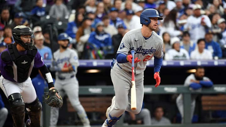 Apr 18, 2026; Denver, Colorado, USA; Los Angeles Dodgers outfielder Kyle Tucker (23) singles during the third inning against the Colorado Rockies at Coors Field. Mandatory Credit: Christopher Hanewinckel-Imagn Images