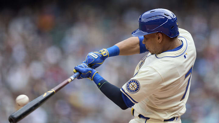 Seattle Mariners second baseman Jorge Polanco (7) grounds out against the Houston Astros during the second inning at T-Mobile Park in 2024.