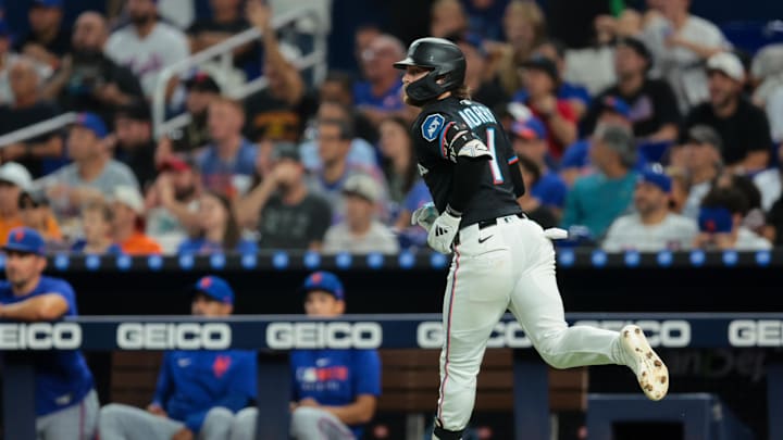 Sep 26, 2025; Miami, Florida, USA; Miami Marlins pinch hitter Connor Norby (1) circles the bases after hitting a two-run home run against the New York Mets during the fifth inning at loanDepot Park. Sep 26, 2025; Miami, Florida, USA; Miami Marlins pinch hitter Connor Norby (1) circles the bases after hitting a two-run home run against the New York Mets during the fifth inning at loanDepot Park.