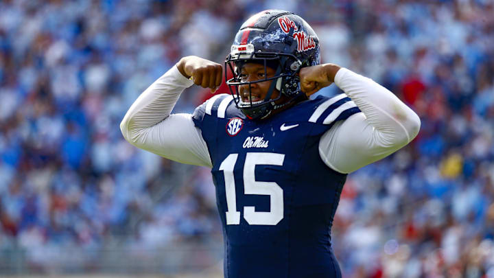 Oct 26, 2024; Oxford, Mississippi, USA; Mississippi Rebels defensive end Jared Ivey (15) flexes during the second half against the Oklahoma Sooners at Vaught-Hemingway Stadium. Mandatory Credit: Petre Thomas-Imagn Images