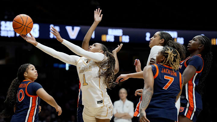 Vanderbilt guard Mikayla Blakes (1) drives to the basket against Auburn during the second half of an NCAA college basketball game at Memorial Gymnasium Thursday, Jan. 22, 2026, in Nashville, Tenn. Vanderbilt won 81-53.