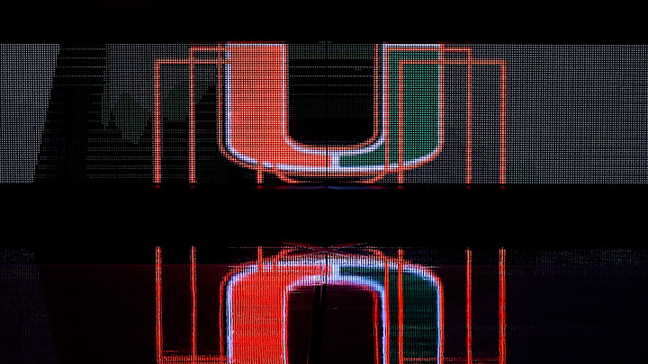 Dec 16, 2020; Coral Gables, Florida, USA; A g general view of the Miami Hurricanes logo on the scorers table prior to the game between the Miami Hurricanes and the Pittsburgh Panthers at Watsco Center. Mandatory Credit: Jasen Vinlove-USA TODAY Sports