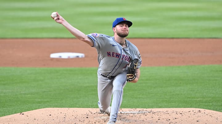 Jul 3, 2024; Washington, District of Columbia, USA; New York Mets starting pitcher Christian Scott (45) throws a pitch against the Washington Nationals during the during the second inning at Nationals Park. Mandatory Credit: Rafael Suanes-Imagn Images