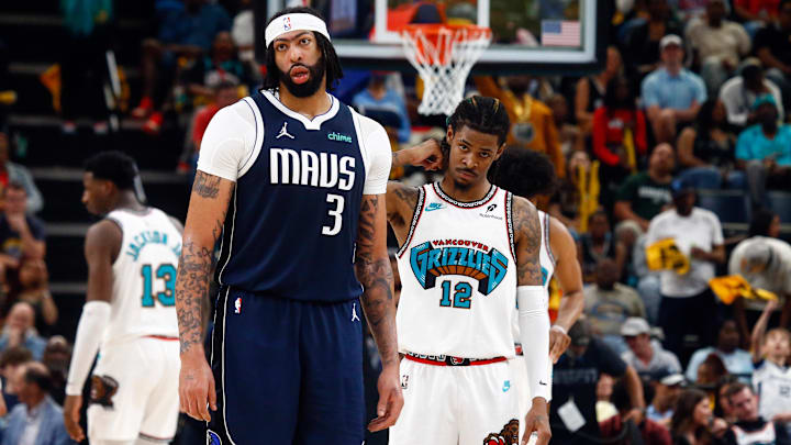 Apr 18, 2025; Memphis, Tennessee, USA; Dallas Mavericks forward Anthony Davis (3) and Memphis Grizzlies guard Ja Morant (12) look on during the third quarter at FedExForum. Mandatory Credit: Petre Thomas-Imagn Images Apr 18, 2025; Memphis, Tennessee, USA; Dallas Mavericks forward Anthony Davis (3) and Memphis Grizzlies guard Ja Morant (12) look on during the third quarter at FedExForum. Mandatory Credit: Petre Thomas-Imagn Images