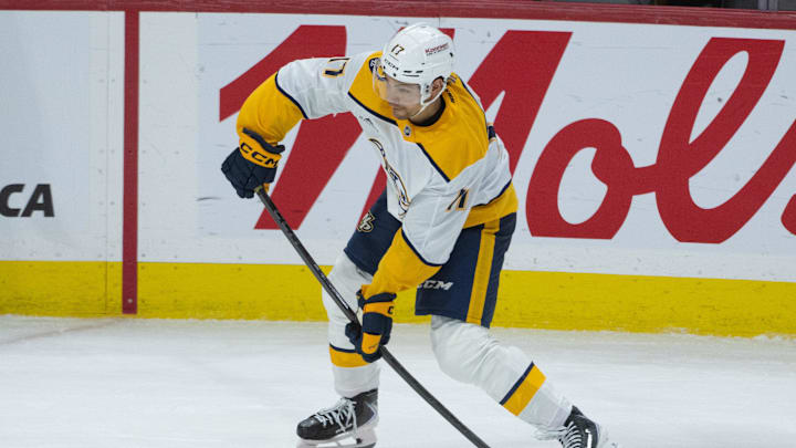 Oct 13, 2025; Ottawa, Ontario, CAN; Nashville Predators center Tyson Jost (17) shoots the puck in the third period against the Ottawa Senators at the Canadian Tire Centre. Mandatory Credit: Marc DesRosiers-IMAGN Images Oct 13, 2025; Ottawa, Ontario, CAN; Nashville Predators center Tyson Jost (17) shoots the puck in the third period against the Ottawa Senators at the Canadian Tire Centre. Mandatory Credit: Marc DesRosiers-IMAGN Images
