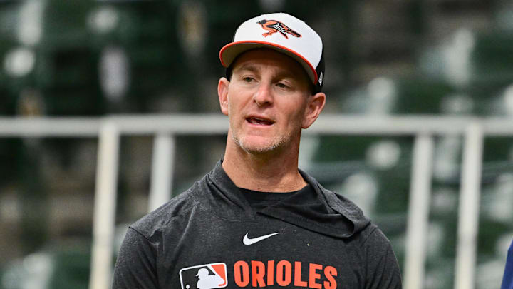 May 21, 2025; Milwaukee, Wisconsin, USA; Baltimore Orioles interim manager Tony Mansolino looks on during batting practice against the Milwaukee Brewers at American Family Field. Mandatory Credit: Benny Sieu-Imagn Images