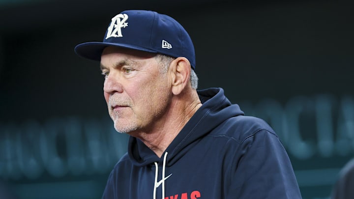 Mar 28, 2025; Arlington, Texas, USA;  Texas Rangers manager Bruce Bochy (15) looks on before the game against the Boston Red Sox at Globe Life Field. 