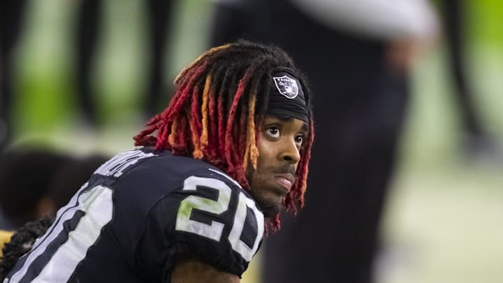Nov 22, 2020; Paradise, Nevada, USA; Las Vegas Raiders cornerback Damon Arnette (20) against the Kansas City Chiefs at Allegiant Stadium. Mandatory Credit: Mark J. Rebilas-Imagn Images Nov 22, 2020; Paradise, Nevada, USA; Las Vegas Raiders cornerback Damon Arnette (20) against the Kansas City Chiefs at Allegiant Stadium. Mandatory Credit: Mark J. Rebilas-Imagn Images