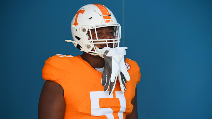 Sep 2, 2023; Nashville, Tennessee, USA; Tennessee Volunteers offensive lineman Vysen Lang (51) waits to take the field before the game against the Virginia Cavaliers at Nissan Stadium. Mandatory Credit: Christopher Hanewinckel-Imagn Images