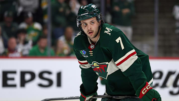 Apr 22, 2026; Saint Paul, Minnesota, USA; Minnesota Wild defenseman Brock Faber (7) looks on during the first overtime period in game three of the first round of the 2026 Stanley Cup Playoffs against the Dallas Stars at Grand Casino Arena. Mandatory Credit: Matt Krohn-Imagn Images