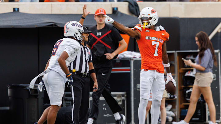 Aug 28, 2025; Stillwater, Oklahoma, USA; Oklahoma State Cowboys wide receiver Shamar Rigby (7) reacts after a first down against the Tennessee Martin Skyhawks during the first half at Boone Pickens Stadium. Mandatory Credit: William Purnell-Imagn Images Aug 28, 2025; Stillwater, Oklahoma, USA; Oklahoma State Cowboys wide receiver Shamar Rigby (7) reacts after a first down against the Tennessee Martin Skyhawks during the first half at Boone Pickens Stadium. Mandatory Credit: William Purnell-Imagn Images