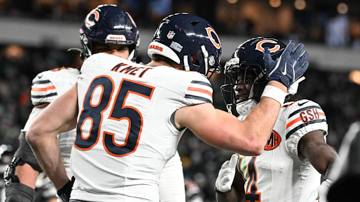 Nov 28, 2025; Philadelphia, Pennsylvania, USA; Chicago Bears tight end Cole Kmet (85) celebrates after scoring a touchdown against the Philadelphia Eagles with wide receiver Olamide Zaccheaus (14) during the fourth quarter of the game at Lincoln Financial Field. Mandatory Credit: Eric Hartline-Imagn Images