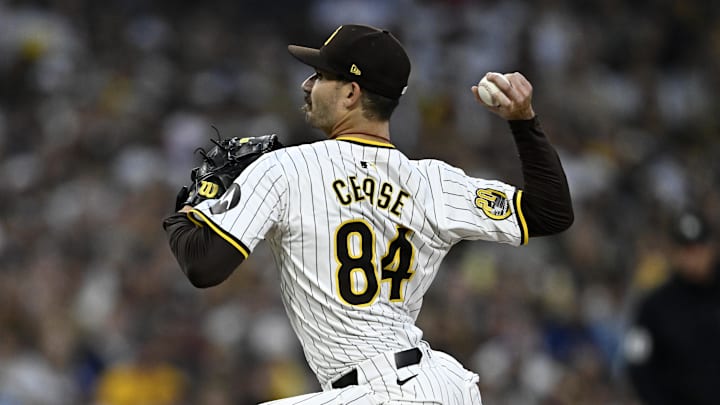 Oct 9, 2024; San Diego, California, USA; San Diego Padres pitcher Dylan Cease (84) throws in the first inning against the Los Angeles Dodgers during game four of the NLDS for the 2024 MLB Playoffs at Petco Park. 