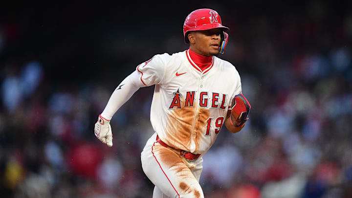 Apr 18, 2025; Anaheim, California, USA; Los Angeles Angels second baseman Kyren Paris (19) runs to third against the San Francisco Giants during the second inning at Angel Stadium. Mandatory Credit: Gary A. Vasquez-Imagn Images