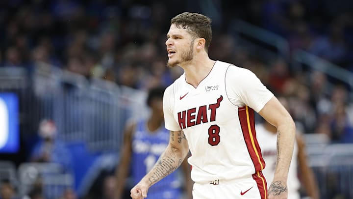 Dec 23, 2018; Orlando, FL, USA; Miami Heat guard Tyler Johnson (8) celebrates as he makes a three pointer against the Orlando Magic during the second half at Amway Center. Mandatory Credit: Kim Klement-Imagn Images