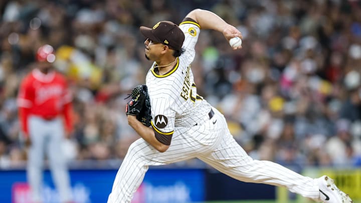 May 13, 2025; San Diego, California, USA; San Diego Padres relief pitcher Jeremiah Estrada (56) throws a pitch during the seventh inning against the Los Angeles Angels at Petco Park. Mandatory Credit: David Frerker-Imagn Images May 13, 2025; San Diego, California, USA; San Diego Padres relief pitcher Jeremiah Estrada (56) throws a pitch during the seventh inning against the Los Angeles Angels at Petco Park. Mandatory Credit: David Frerker-Imagn Images