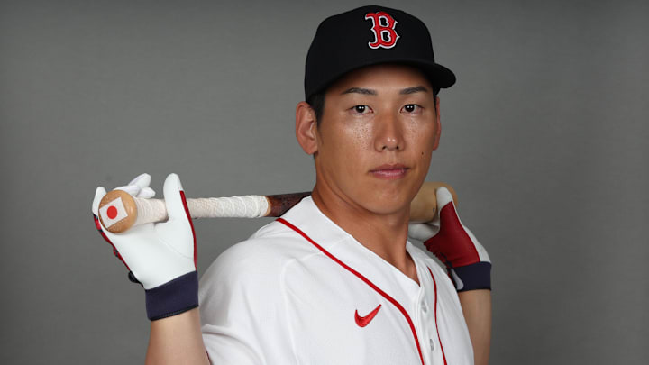 Feb 17, 2026; Lee County, FL, USA;  Boston Red Sox left fielder Masataka Yoshida (7) poses for a photo during media day at JetBlue Park. Mandatory Credit: Kim Klement Neitzel-Imagn Images