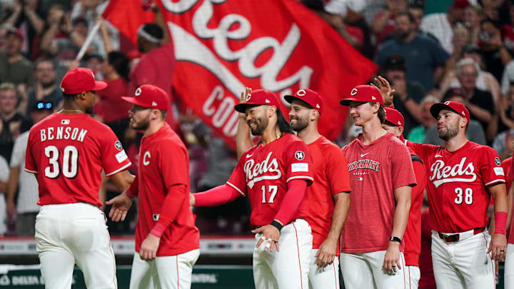 The Cincinnati Reds celebrate after defeating the Milwaukee Brewers 4-2, Tuesday, June 3, 2025, at Great American Ball Park in Downtown Cincinnati. The Cincinnati Reds celebrate after defeating the Milwaukee Brewers 4-2, Tuesday, June 3, 2025, at Great American Ball Park in Downtown Cincinnati.