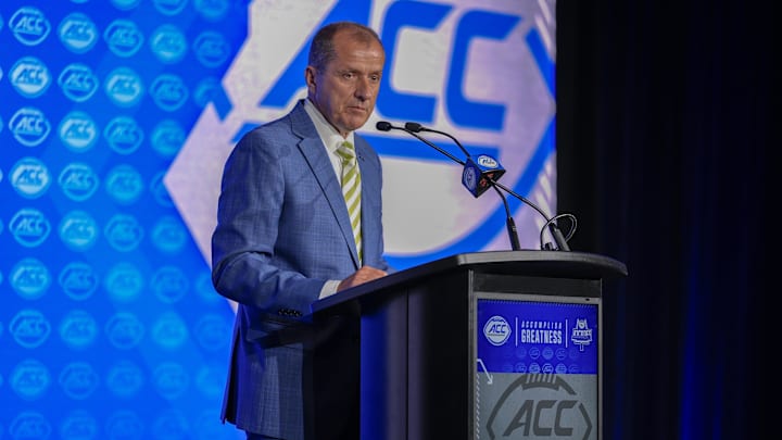 Jul 22, 2025; Charlotte, NC, USA; ACC commissioner Jim Phillips speaks to the media during ACC Media Days at Hilton Charlotte Uptown. Mandatory Credit: Jim Dedmon-Imagn Images