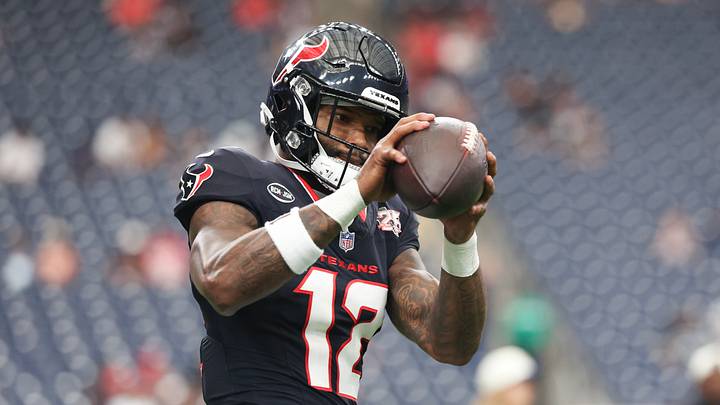 Aug 13, 2026; Houston, Texas, USA;  Houston Texans wide receiver Nico Collins (12) catches a pass before playing against the Las Vegas Raiders at Reliant Stadium.  Mandatory Credit: Thomas Shea-Imagn Images