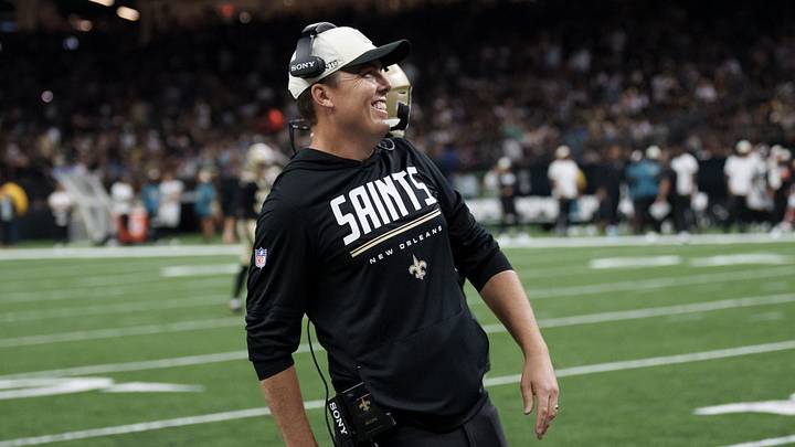 Aug 15, 2026; New Orleans, Louisiana, USA; New Orleans Saints head coach Kellen Moore celebrates a reception at the one-yard line during the second quarter against the Jacksonville Jaguars at Caesars Superdome. Mandatory Credit: Matthew Hinton-Imagn Images Aug 15, 2026; New Orleans, Louisiana, USA; New Orleans Saints head coach Kellen Moore celebrates a reception at the one-yard line during the second quarter against the Jacksonville Jaguars at Caesars Superdome. Mandatory Credit: Matthew Hinton-Imagn Images