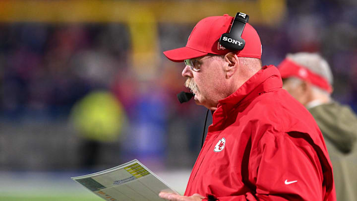 Nov 2, 2025; Orchard Park, New York, USA; Kansas City Chiefs head coach Andy Reid looks on in the second quarter against the Buffalo Bills at Highmark Stadium. Mandatory Credit: Mark Konezny-Imagn Images Nov 2, 2025; Orchard Park, New York, USA; Kansas City Chiefs head coach Andy Reid looks on in the second quarter against the Buffalo Bills at Highmark Stadium. Mandatory Credit: Mark Konezny-Imagn Images