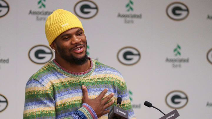 Green Bay Packers edge rusher Micah Parsons speaks during an introductory press conference on Friday, August 29, 2025, at Lambeau Field in Green Bay, Wis. The Packers made a trade with the Dallas Cowboys on Aug. 28 to acquire Parsons in exchange for defensive tackle Kenny Clark and two first round picks.
Tork Mason/USA TODAY NETWORK-Wisconsin