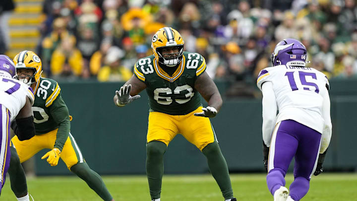 Nov 23, 2025; Green Bay, Wisconsin, USA;  Green Bay Packers offensive tackle Rasheed Walker (63) during the game against the Minnesota Vikings at Lambeau Field. Mandatory Credit: Jeff Hanisch-Imagn Images