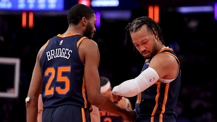 Dec 3, 2024; New York, New York, USA; New York Knicks guard Jalen Brunson (11) reacts after a basket and a foul during the third quarter against the Orlando Magic at Madison Square Garden. Mandatory Credit: Brad Penner-Imagn Images
