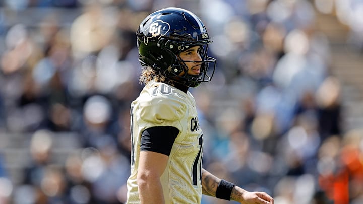 Apr 19, 2025; Boulder, CO, USA; Colorado Buffaloes quarterback Julian Lewis (10) during the spring game at Folsom Field. Mandatory Credit: Isaiah J. Downing-Imagn Images