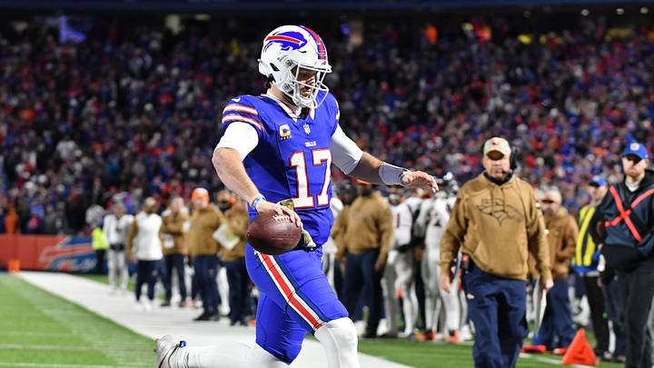 Nov 13, 2023; Orchard Park, New York, USA; Buffalo Bills quarterback Josh Allen (17) runs for a touchdown in the fourth quarter against the Denver Broncos at Highmark Stadium. Mandatory Credit: Mark Konezny-USA TODAY Sports