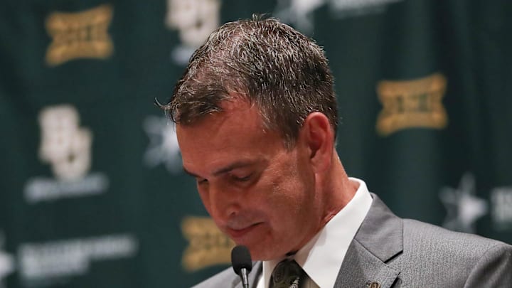 Dallas, TX, USA; Baylor Bears new athletic director Mack Rhoades reacts at a press conference during the Big 12 Media Days at Omni Dallas Hotel.