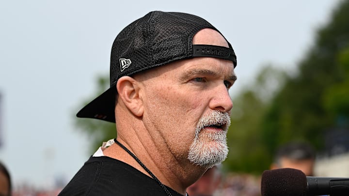 Washington Commanders head coach Dan Quinn holds a press conference before training camp at Gillette Stadium.