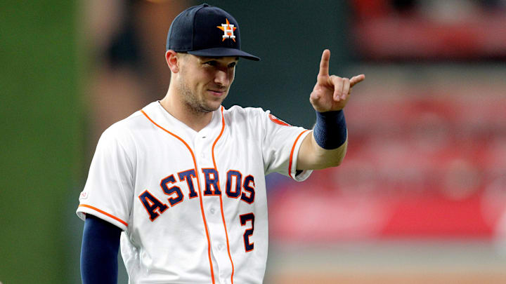 May 29, 2019; Houston, TX, USA; Houston Astros third baseman Alex Bregman (2) acknowledges the fans prior to the game against the Chicago Cubs at Minute Maid Park.