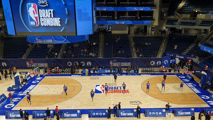 May 11, 2026; Chicago, IL, USA; Players participate in the 2026 NBA Draft Combine at Wintrust Arena.