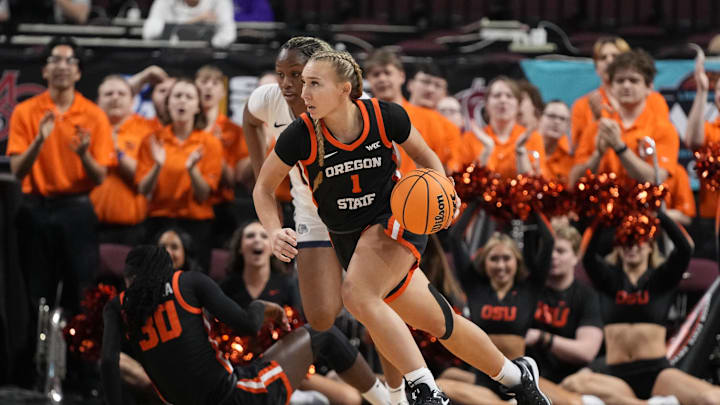 March 10, 2025; Las Vegas, NV, USA; Oregon State Beavers guard Kennedie Shuler (1) dribbles the basketball against the Gonzaga Bulldogs during the first half in the semifinal of the West Coast Conference tournament at Orleans Arena. Mandatory Credit: Kyle Terada-Imagn Images March 10, 2025; Las Vegas, NV, USA; Oregon State Beavers guard Kennedie Shuler (1) dribbles the basketball against the Gonzaga Bulldogs during the first half in the semifinal of the West Coast Conference tournament at Orleans Arena. Mandatory Credit: Kyle Terada-Imagn Images