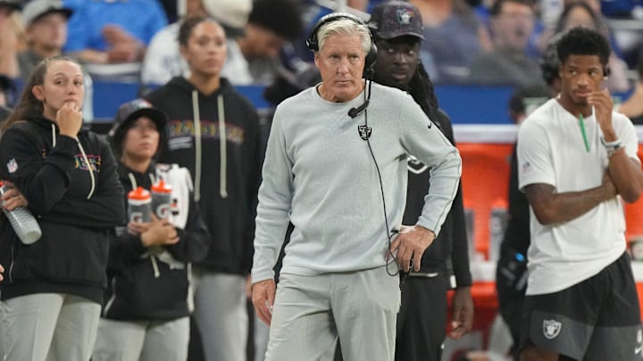 Las Vegas Raiders head coach Pete Carroll walks the sideline Sunday, Oct. 5, 2025, during a game at Lucas Oil Stadium in Indianapolis. The Colts defeated the Raiders 40-6.
