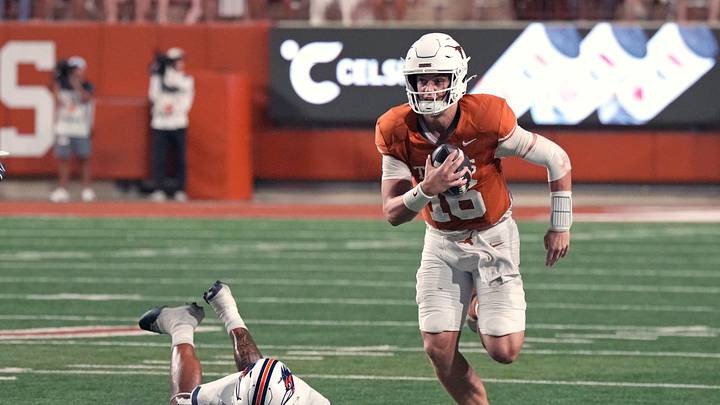Sep 19, 2026; Austin, Texas, USA; Texas Longhorns quarterback Arch Manning (16) looks to pass the ball while defended by by UTSA Roadrunners defensive lineman Jeremiah Bailey (0) and linebacker Owen Pewee (2) during the second half at Darrell K Royal-Texas Memorial Stadium. Mandatory Credit: Scott Wachter-Imagn Images Sep 19, 2026; Austin, Texas, USA; Texas Longhorns quarterback Arch Manning (16) looks to pass the ball while defended by by UTSA Roadrunners defensive lineman Jeremiah Bailey (0) and linebacker Owen Pewee (2) during the second half at Darrell K Royal-Texas Memorial Stadium. Mandatory Credit: Scott Wachter-Imagn Images