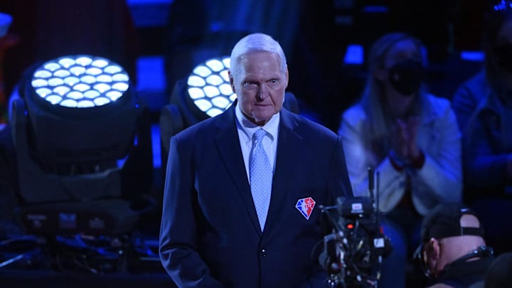 Feb 20, 2022; Cleveland, Ohio, USA; Jerry West is honored in halftime during the 2022 NBA All-Star Game at Rocket Mortgage FieldHouse. Mandatory Credit: David Richard-USA TODAY Sports