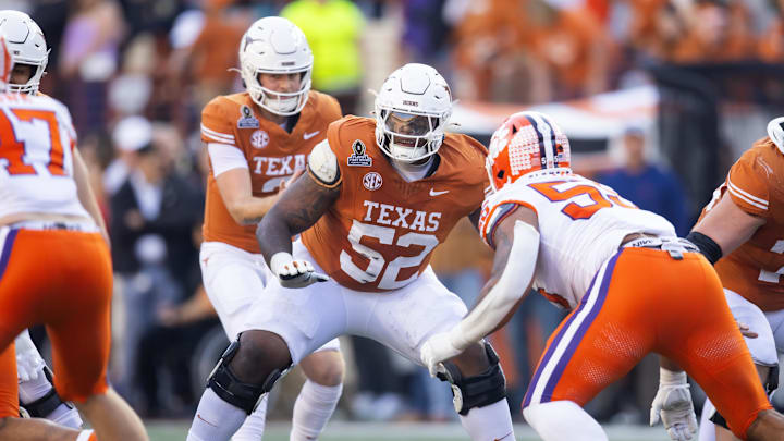 Dec 21, 2024; Austin, Texas, USA; Texas Longhorns offensive lineman DJ Campbell (52) against the Clemson Tigers during the CFP National playoff first round at Darrell K Royal-Texas Memorial Stadium. Mandatory Credit: Mark J. Rebilas-Imagn Images