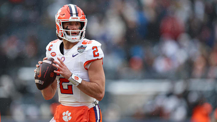 Dec 27, 2025; Bronx, NY, USA; Clemson Tigers quarterback Cade Klubnik (2) looks to pass during the first half of the 2025 Pinstripe Bowl against the Penn State Nittany Lions at Yankee Stadium. Mandatory Credit: Vincent Carchietta-Imagn Images