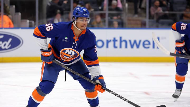 Jan 24, 2026; Elmont, New York, USA; New York Islanders defenseman Isaiah George (36) skates against the Buffalo Sabres during the first period at UBS Arena. Mandatory Credit: Brad Penner-Imagn Images