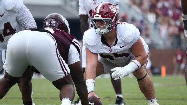 Oct 3, 2026; Starkville, Mississippi, USA; Alabama Crimson Tide offensive lineman Racin Delgatty (55) waits to snap the ball during the fourth quarter against the Alabama Crimson Tide at Davis Wade Stadium at Scott Field. Mandatory Credit: Petre Thomas-Imagn Images