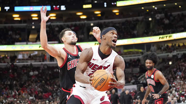 Nov 18, 2023; Chicago, Illinois, USA; Chicago Bulls guard Zach LaVine (8) defends Miami Heat forward