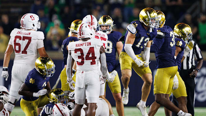 Notre Dame safety Ben Minich (13) celebrates getting a sack during a NCAA college football game between Notre Dame and Stanford at Notre Dame Stadium on Saturday, Oct. 12, 2024, in South Bend.