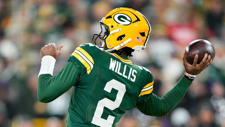 Dec 27, 2025; Green Bay, Wisconsin, USA; Green Bay Packers quarterback Malik Willis (2) throws a pass during the first quarter against the Baltimore Ravens at Lambeau Field. Mandatory Credit: Kayla Wolf-Imagn Images