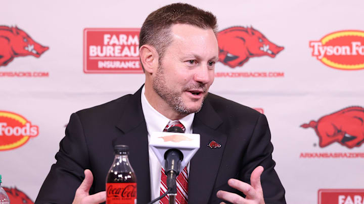 Arkansas Razorbacks coach Ryan Silverfield during his introductory press conference at Frank Broyles Center in Fayetteville, Ark.