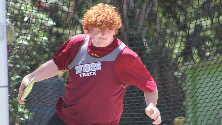West Nassau's Clayton Lee throws in the boys discus during the FHSAA District 3-2A high school track and field meet in Jacksonville, Florida, on April 16, 2026. [Clayton Freeman/Florida Times-Union]